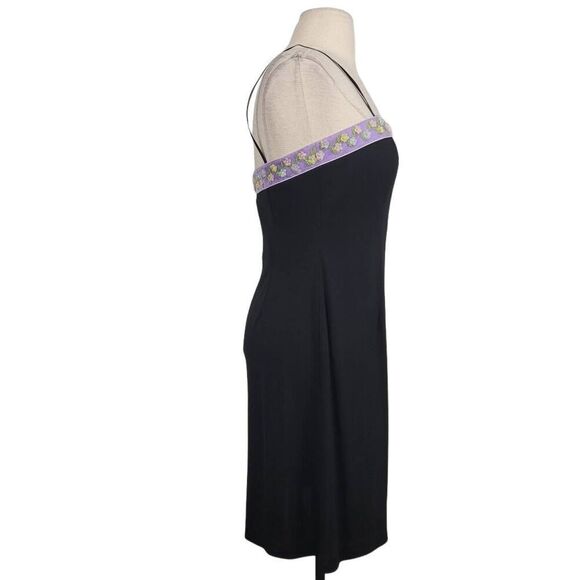 Vtg Papell Boutique Evening Black Sheath Dress‎ Sz 6P 3D Dainty Floral Neckline - Picture 3 of 8